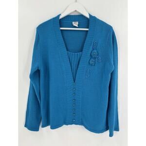 Vintage Sweater Womens Large Blue 100% Acrylic Beaded Embroidered V Neck Knit